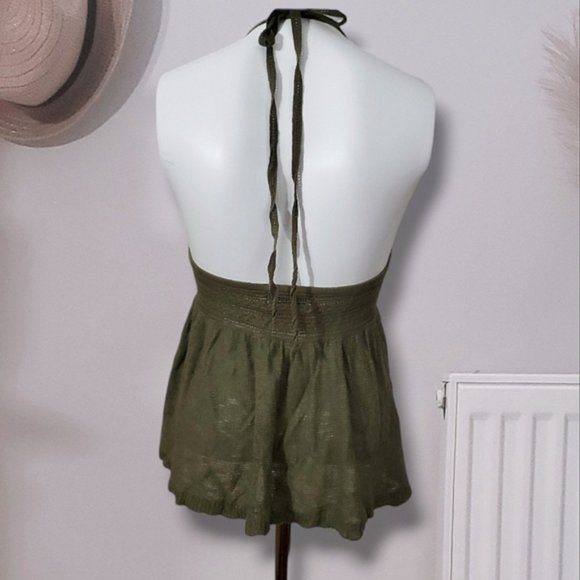 AEO Vintage 90's Halter Knit V-Cut Khaki Green Boho Retro top - Picture 2 of 6